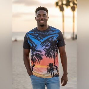 🆕 Mens Palm Tree Sunset Print T-Shirt Short Sleeve